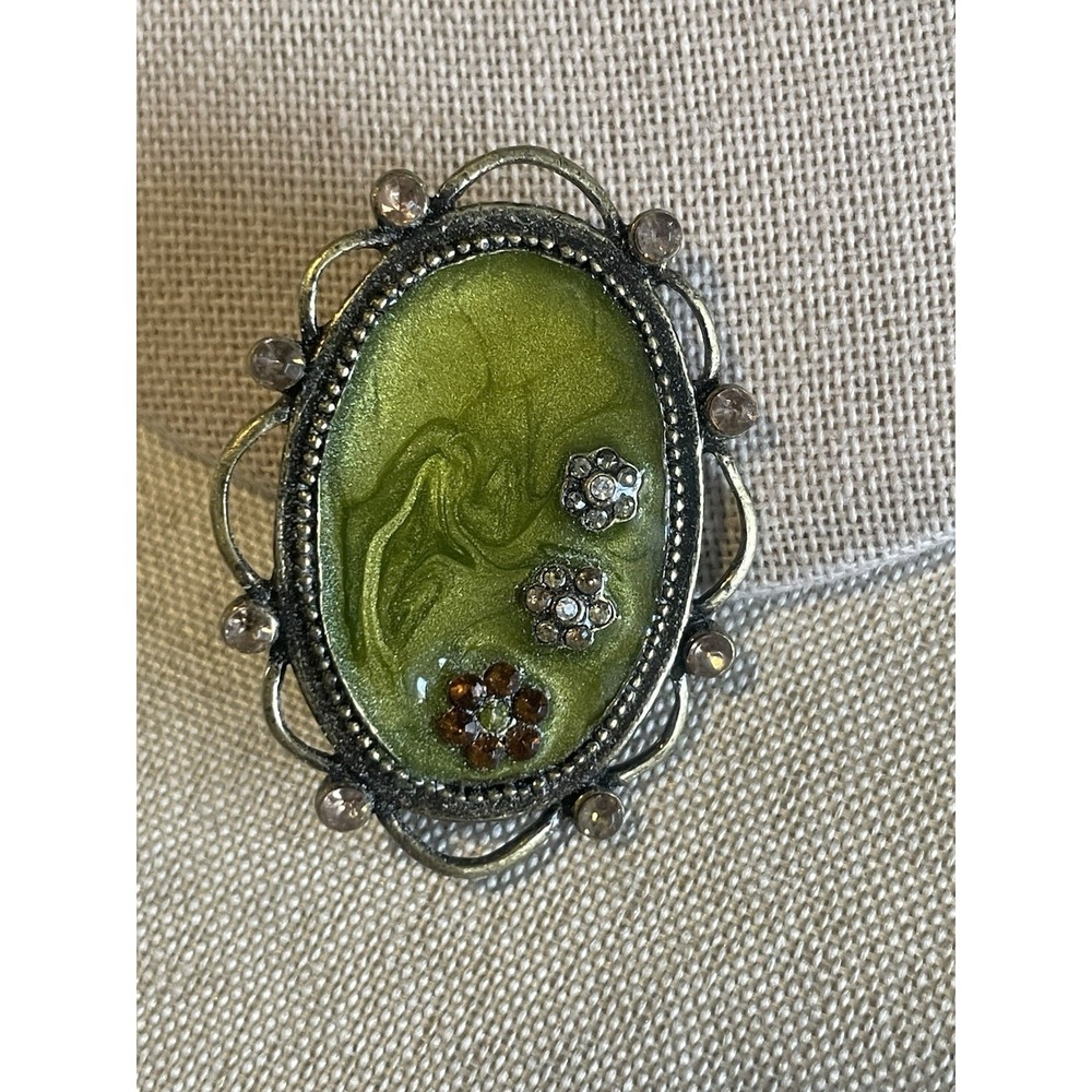 Vintage Ear Brooch Green Swirl Cameo Rhinestone Gold Tone Surreal Statement